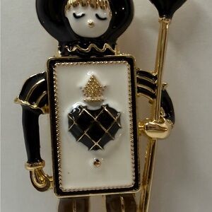 Whimsical Queen of Hearts Black Enamel Brooch Gold Tone Playing Card Pin